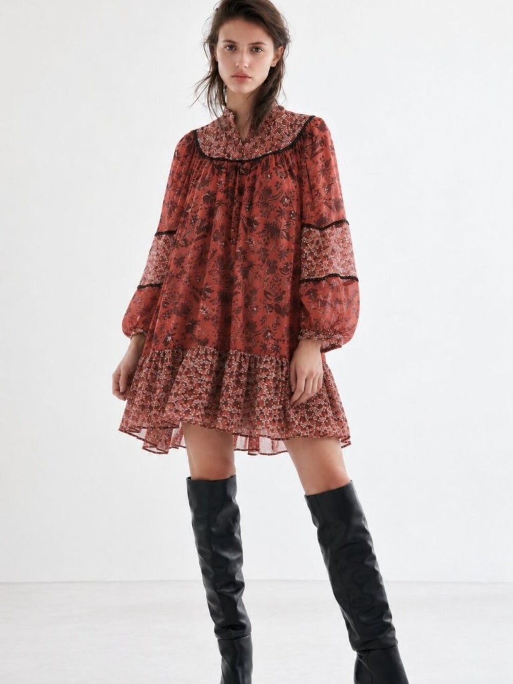 Zara Matching Floral Printed Dress XL Sheer Balloon Sleeve Prairie Boho Peasant